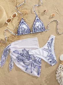Swim Vcay 2026 Spring/Summer Blue And White Ocean Placement Print Bikini Swimwear Set,Mesh Skirt 3 Pieces Set,Jamican Holiday Pool Party Vacation Boho - Blue and White - View 6