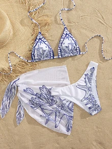 Swim Vcay 2026 Spring/Summer Blue And White Ocean Placement Print Bikini Swimwear Set,Mesh Skirt 3 Pieces Set,Jamican Holiday Pool Party Vacation Boho - Blue and White - View 7