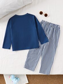 SHEIN 男童春夏可愛恐龍印花長袖T恤與藍色條紋長褲睡衣套裝，居家服睡衣，適合居家、休閒、戶外與日常穿著 - 藏蓝色 - 查看 2