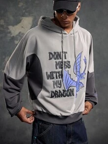 SHEIN How to Train Your Dragon هودي كاجوال للرجال بطبعة حرف وتنين بألوان متباينة، خريفي - رمادي - مشاهدة 1