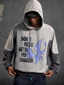 SHEIN How to Train Your Dragon هودي كاجوال للرجال بطبعة حرف وتنين بألوان متباينة، خريفي - رمادي - مشاهدة 4