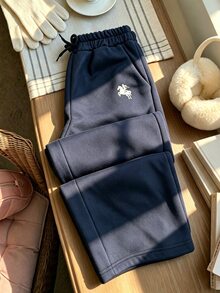 青少年女孩長袖秋冬百搭海軍藍運動長褲，極簡馬匹印花，鬆緊腰頭，抓絨內裡，寬腿長褲 - 藏蓝色 - 查看 4