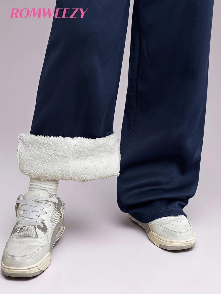 Tween Girls Autumn/Winter All-Match Navy Blue Sweatpants, Minimalist Horse Print, Elastic Waist, Fleece Lined, Wide Leg Long Pants, Student Loose Fit, Versatile Solid Color Casual Sports Straight Leg Pants, Soft Skin-Friendly Daily Wear Long Casual Pants - Navy Blue - View 1