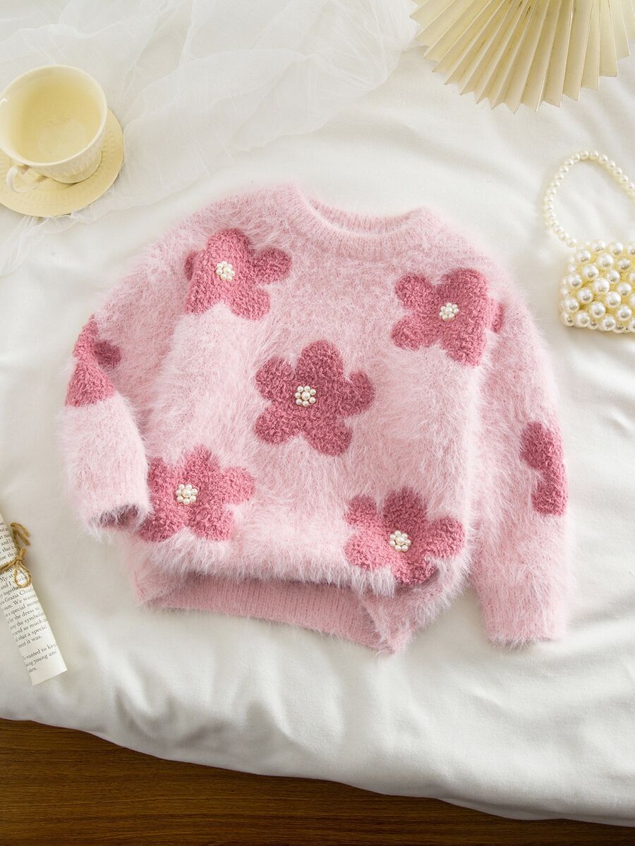 SHEIN Vintaside Kids 女童圓領套頭長袖毛衣，可愛粉色人造貂毛材質，Ro 秋季款