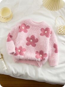 SHEIN Vintaside Kids 女童圓領套頭長袖毛衣，可愛粉色人造貂毛材質，Ro 秋季款 - 粉色 - 查看 4