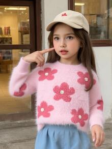 SHEIN Vintaside Kids 女童圓領套頭長袖毛衣，可愛粉色人造貂毛材質，Ro 秋季款 - 粉色 - 查看 5