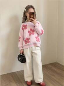 SHEIN Vintaside Kids 女童圓領套頭長袖毛衣，可愛粉色人造貂毛材質，Ro 秋季款 - 粉色 - 查看 6