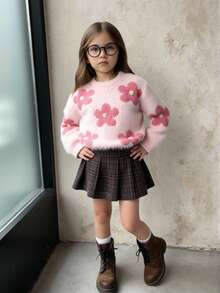 SHEIN Vintaside Kids 女童圓領套頭長袖毛衣，可愛粉色人造貂毛材質，Ro 秋季款 - 粉色 - 查看 7