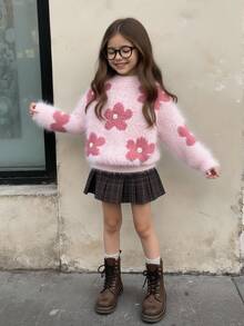 SHEIN Vintaside Kids 女童圓領套頭長袖毛衣，可愛粉色人造貂毛材質，Ro 秋季款 - 粉色 - 查看 8