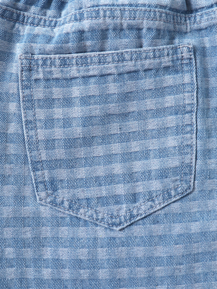 SHEIN Girls' Old Money Casual Blue Back-To-School Plaid Checkered Washed Loose Straight Leg Jeans, Back To School Street Style, Daily Outing Graduation - Light Wash - View 6