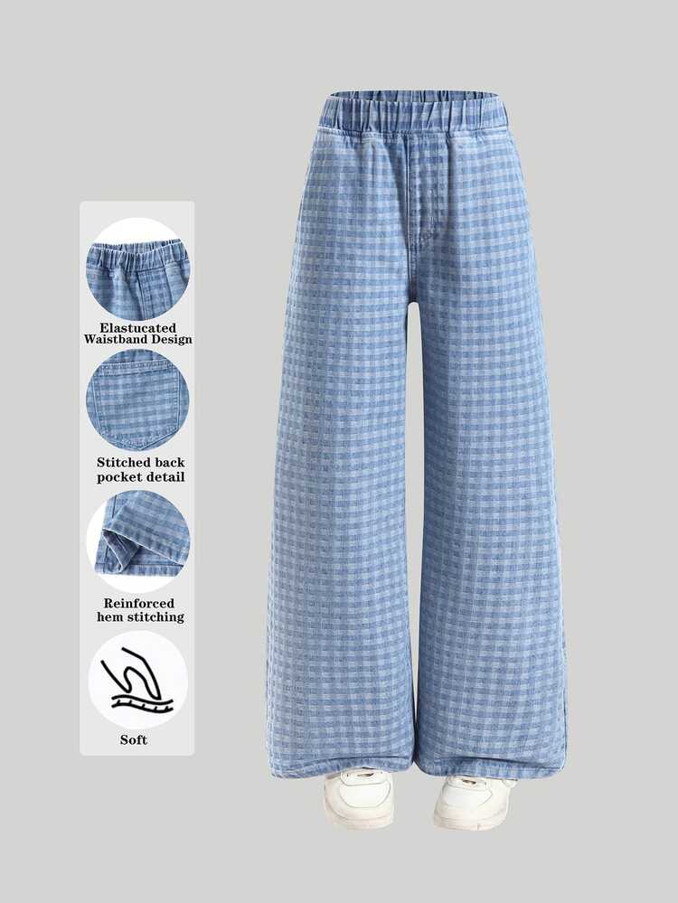 SHEIN Girls' Old Money Casual Blue Back-To-School Plaid Checkered Washed Loose Straight Leg Jeans, Back To School Street Style, Daily Outing Graduation - Light Wash - View 1