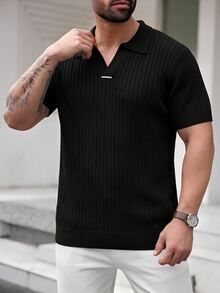 EASEVO 大尺碼男士純色 Polo 領短袖休閒針織上衣 - 黑色 - 查看 3