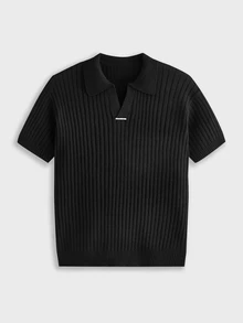 EASEVO 大尺碼男士純色 Polo 領短袖休閒針織上衣 - 黑色 - 查看 2