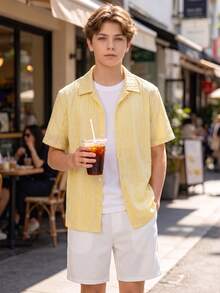 SHEIN Teen Boys Casual 2-Piece Set White Textured Shirt With Simple Shorts,Full Button-Down Design Top Shirt Light Vertical Striped Knit,Back To School - Yellow - View 3