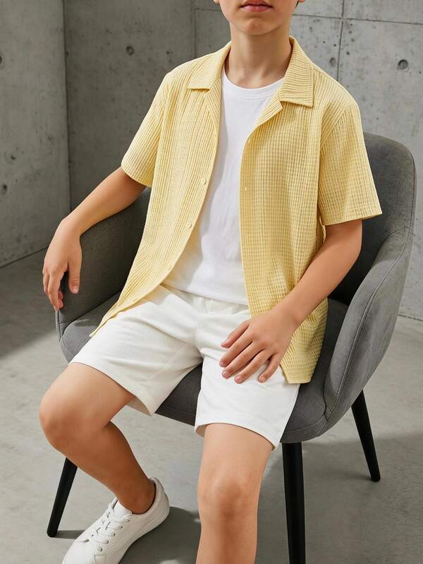 SHEIN Teen Boys Casual 2-Piece Set White Textured Shirt With Simple Shorts,Full Button-Down Design Top Shirt Light Vertical Striped Knit,Back To School
