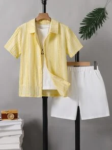 SHEIN Teen Boys Casual 2-Piece Set White Textured Shirt With Simple Shorts,Full Button-Down Design Top Shirt Light Vertical Striped Knit,Back To School - Yellow - View 4