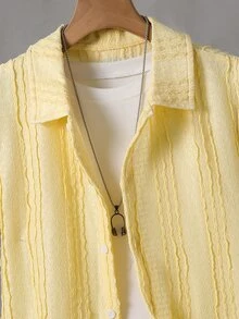 SHEIN Teen Boys Casual 2-Piece Set White Textured Shirt With Simple Shorts,Full Button-Down Design Top Shirt Light Vertical Striped Knit,Back To School - Yellow - View 6