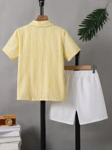 SHEIN Teen Boys Casual 2-Piece Set White Textured Shirt With Simple Shorts,Full Button-Down Design Top Shirt Light Vertical Striped Knit,Back To School - Yellow - View 5