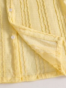 SHEIN Teen Boys Casual 2-Piece Set White Textured Shirt With Simple Shorts,Full Button-Down Design Top Shirt Light Vertical Striped Knit,Back To School - Yellow - View 7