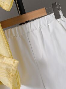 SHEIN Teen Boys Casual 2-Piece Set White Textured Shirt With Simple Shorts,Full Button-Down Design Top Shirt Light Vertical Striped Knit,Back To School - Yellow - View 9