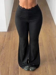 SHEIN PETITE CURVE 大尺碼純色蕾絲拼接喇叭褲 秋季 - 黑色 - 查看 6