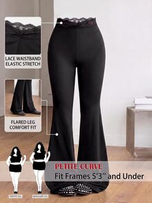 SHEIN PETITE CURVE 大尺碼純色蕾絲拼接喇叭褲 秋季 - 黑色 - 查看 8