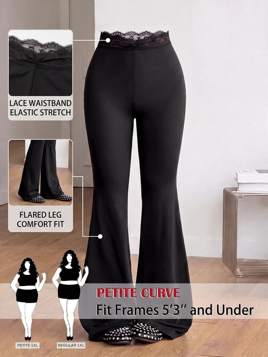 SHEIN PETITE CURVE Plus Size Solid Color Lace Patchwork Flare Pants Fall - Black - View 1