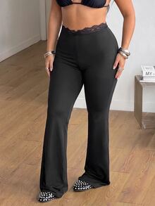 SHEIN PETITE CURVE 大尺碼純色蕾絲拼接喇叭褲 秋季 - 黑色 - 查看 4
