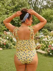 Swim Mod 大尺碼 2026 春夏熱銷新款清新數位印花性感比基尼 2 件式泳衣，可拆式墊杯，鏤空露背設計，可愛蝴蝶結，寬肩帶，胸下修身顯瘦荷葉邊，傳統高腰三角泳褲，休閒時尚度假海灘泳裝 - 黃色 - 查看 2