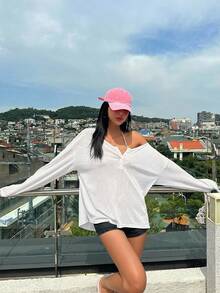 DAZY 纯色半扣落肩罩衫 夏季沙滩女装 度假装 - 白色 - 查看 6