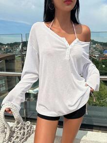 DAZY 纯色半扣落肩罩衫 夏季沙滩女装 度假装 - 白色 - 查看 4