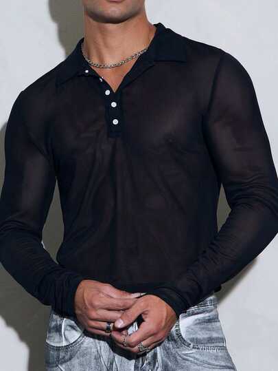 FeverCity Men's Mesh Sheer Casual Asymmetrical Long Sleeve Crew Neck T-Shirt