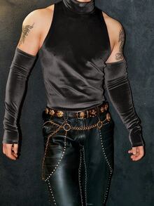 ZURIURI 男士纯色立领褶裥休闲百搭日常上衣 - 黑色 - 查看 7