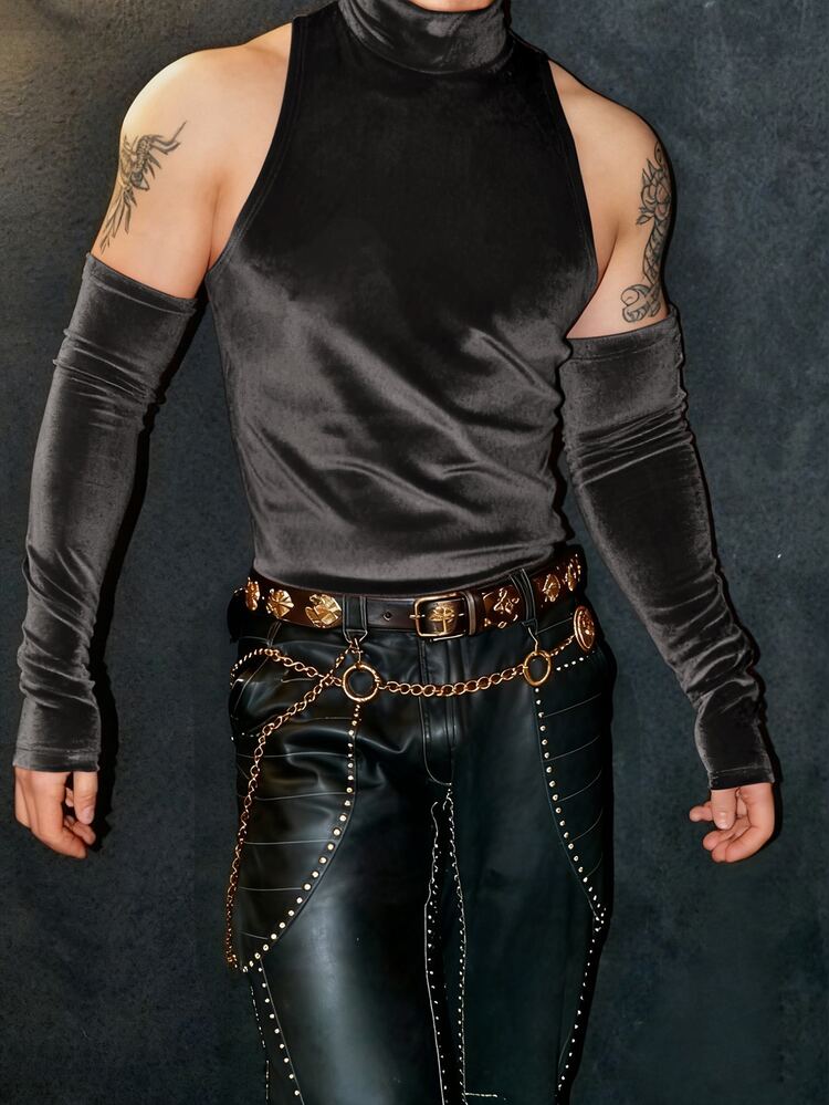 ZURIURI Stylish Men's Mock Neck Velvet Sleeveless Shirt With Matching Arm Warmers - Black - View 7