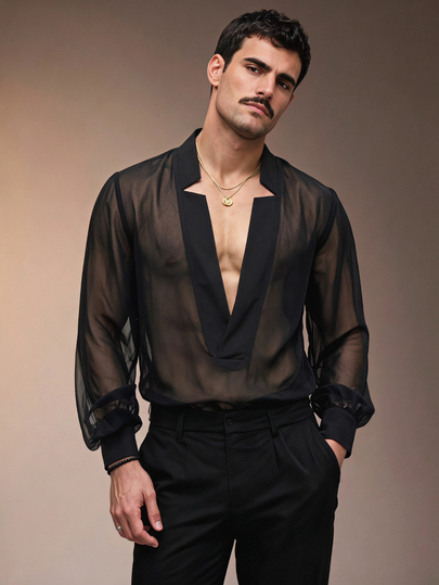 ZURIURI Men's Fashion Sexy Sheer Shirt