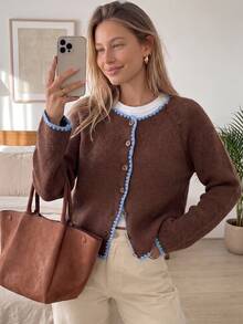 Livesso Women's Colorblock Casual French Versatile Daily Office Cardigan Autumn Brunch Brown And Blue - Brown - View 5