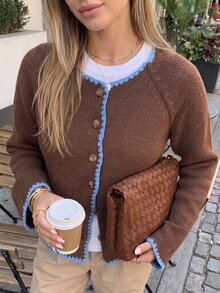 Livesso Women's Colorblock Casual French Versatile Daily Office Cardigan Autumn Brunch Brown And Blue - Brown - View 3