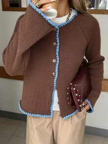 Livesso Women's Colorblock Casual French Versatile Daily Office Cardigan Autumn Brunch Brown And Blue - Brown - View 7