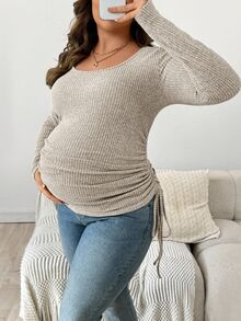 Plussiva Gravidtopp i plusstorlek med enfärgad rund halsringning och långärmad ribbad topp med dragsko i sidan - Beige - Visa 4
