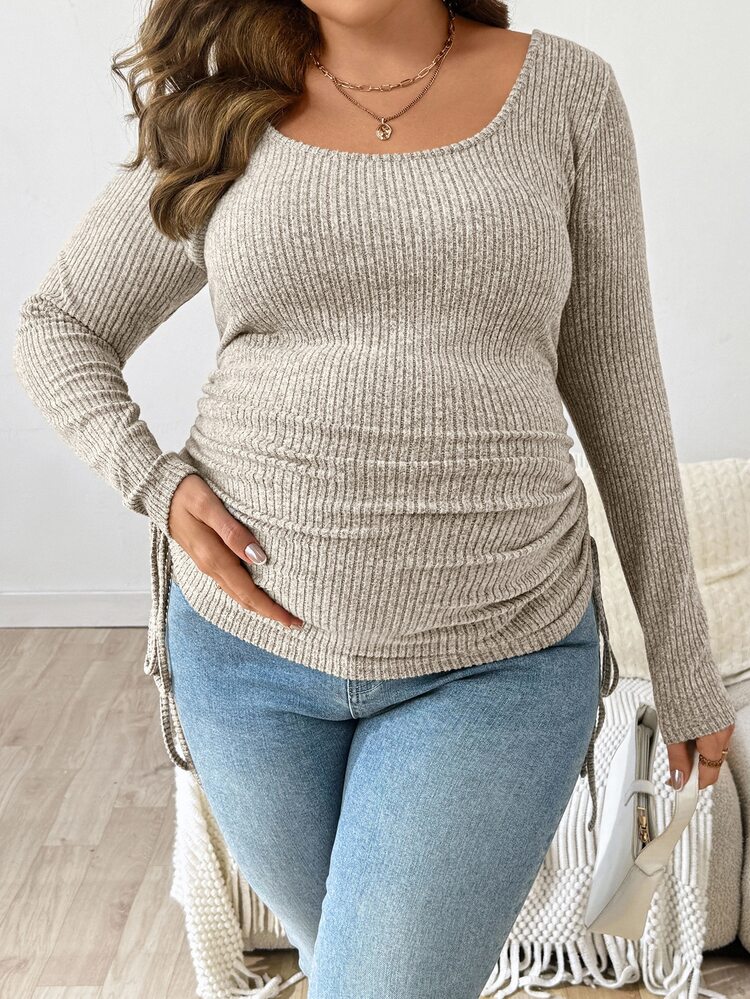 Plussiva 孕妇加大码纯色圆领长袖侧抽绳罗纹上衣 - 米色 - 查看 3