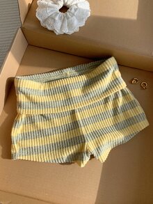 Comfortcana Contrast Striped Print Foldover Waist Shorts - Multicolor - View 3