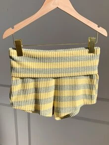 Comfortcana Contrast Striped Print Foldover Waist Shorts - Multicolor - View 2