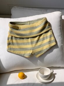 Comfortcana Contrast Striped Print Foldover Waist Shorts - Multicolor - View 4