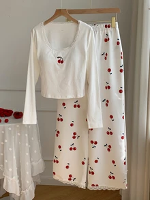 Comfortcana Setelan Liburan Wanita 2 Potong Atasan Lengan Panjang Motif Renda dan Celana Longgar Motif Ceri - Putih - View 7