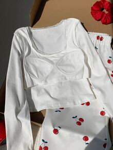 Comfortcana Setelan Liburan Wanita 2 Potong Atasan Lengan Panjang Motif Renda dan Celana Longgar Motif Ceri - Putih - View 6