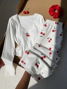 Comfortcana Setelan Liburan Wanita 2 Potong Atasan Lengan Panjang Motif Renda dan Celana Longgar Motif Ceri - Putih - View 4
