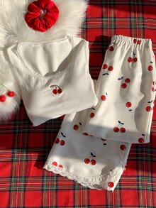 Comfortcana Setelan Liburan Wanita 2 Potong Atasan Lengan Panjang Motif Renda dan Celana Longgar Motif Ceri - Putih - View 5