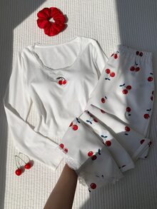 Comfortcana Setelan Liburan Wanita 2 Potong Atasan Lengan Panjang Motif Renda dan Celana Longgar Motif Ceri - Putih - View 9