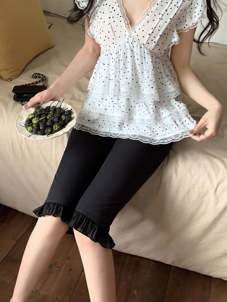 DAZY 女款純色休閒荷葉邊下擺七分褲 夏季 - 黑色 - 查看 4