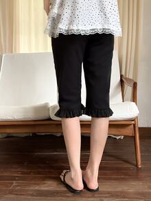 DAZY Women's Solid Color Casual Ruffle Hem Capris Summer - Black - View 2